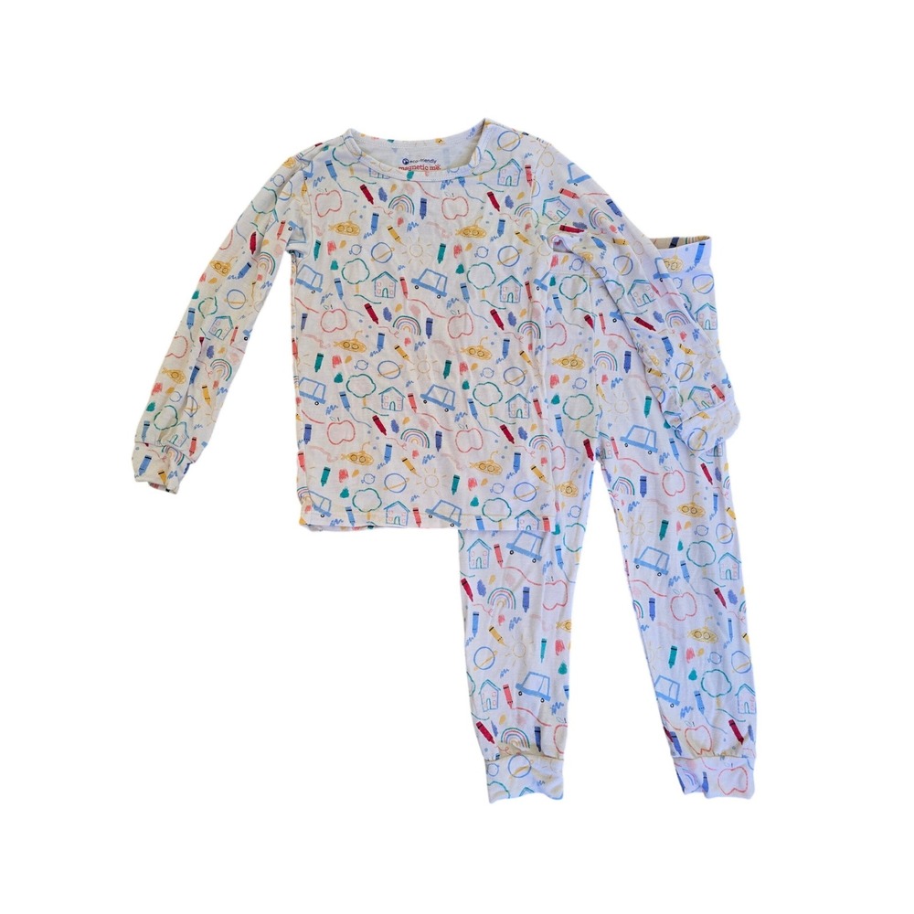 Magnetic Me Modal Pajamas White Doodle Print Rainbow Crayon Long Sleeve Size 2T